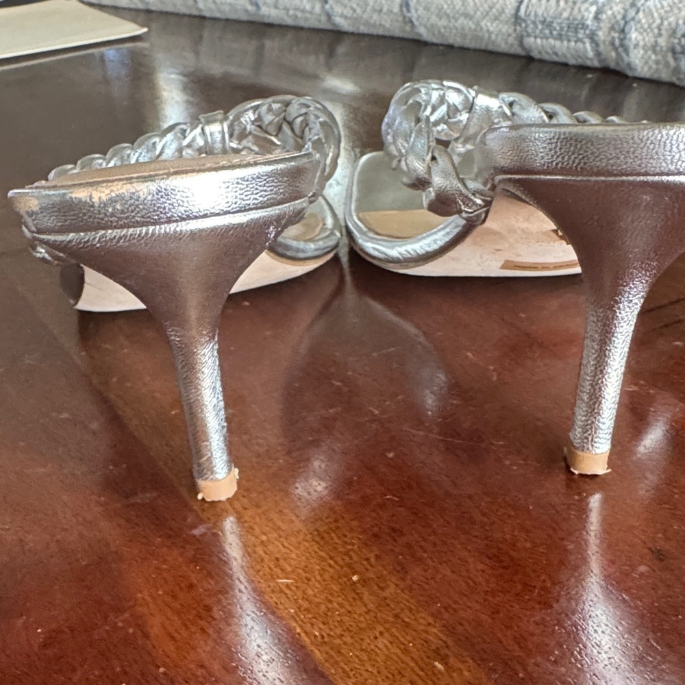Veronica Beard Silver Braided Kitten Heeled Sandals - Picture 4 of 7